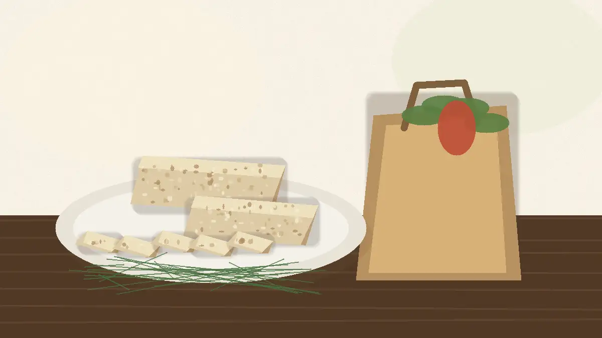 Illustration für den Ratgeber Tempeh kaufen: frischer Tempeh, Einkaufstasche und natürliche Zutaten.