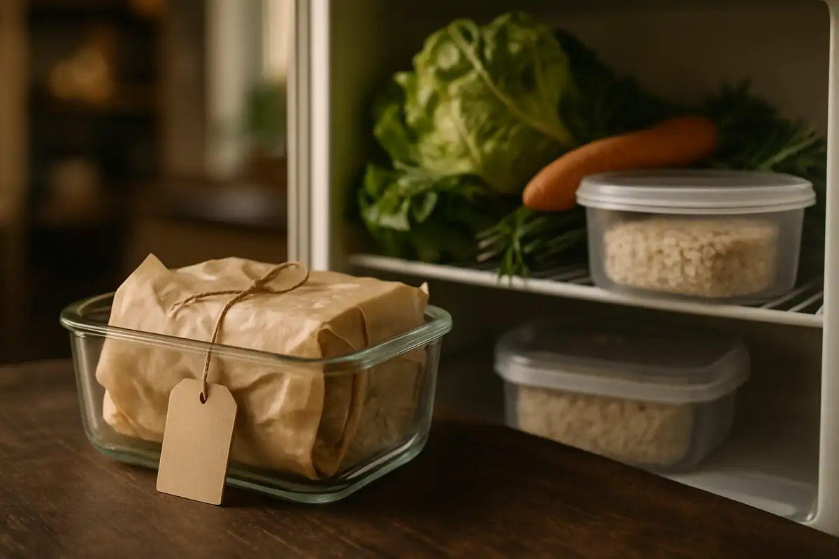 Tempeh in Glasbehälter und Kühlschrank als Beispiel für richtige Lagerung