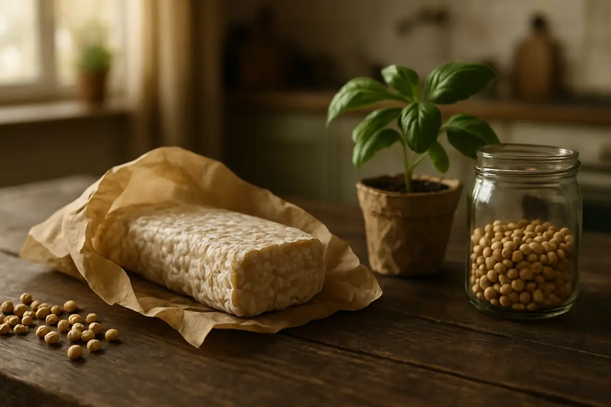Tempeh in Papier, Sojabohnen und Kräuterpflanze auf Holztisch – nachhaltige Tempehproduktion