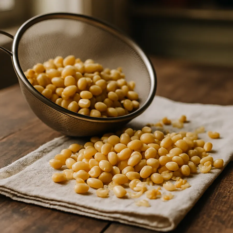 Gekochte und abgetropfte Sojabohnen für die Herstellung von Tempeh