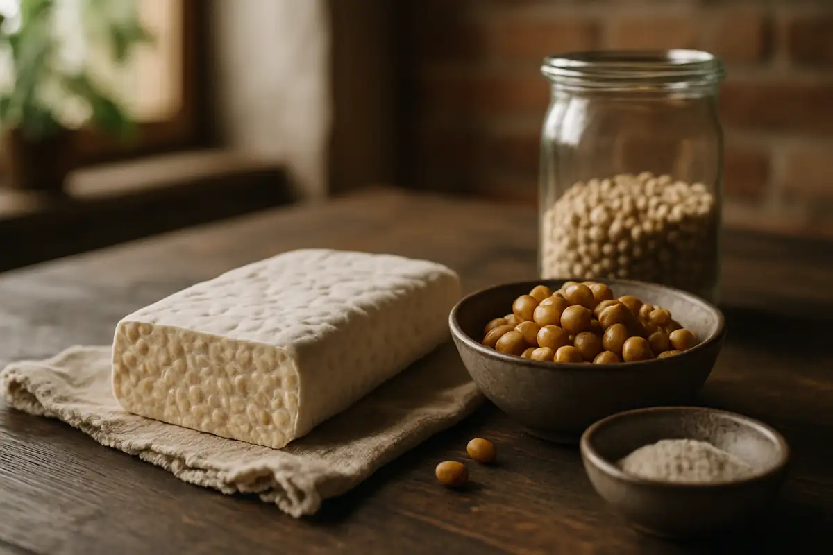 Tempehblock mit Sojabohnen als Symbol für nachhaltige Proteinproduktion