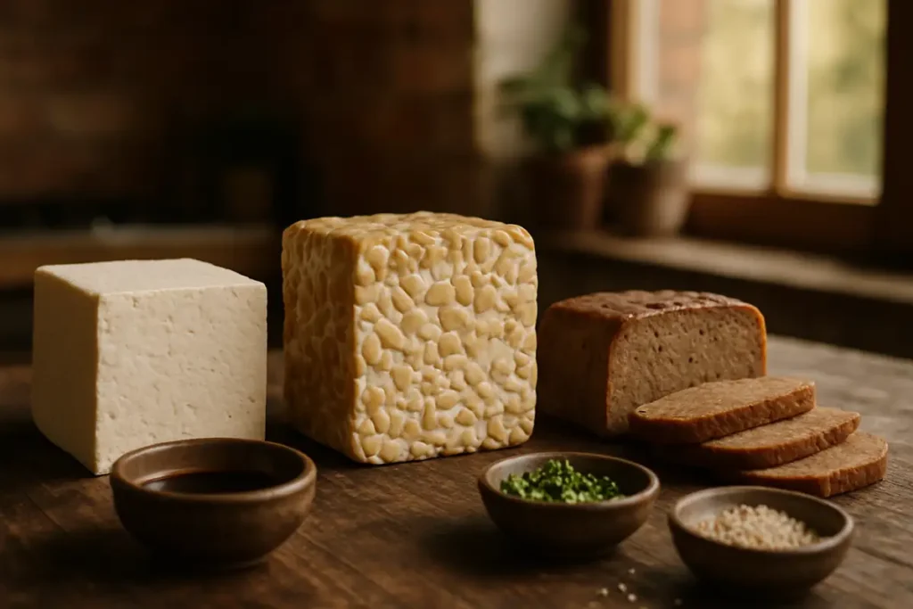 Tofu, Tempeh und Seitan nebeneinander auf einem rustikalen Holztisch