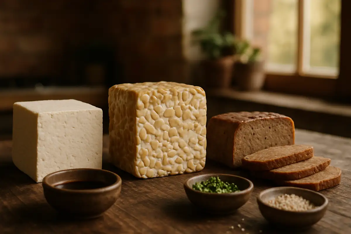 Tofu, Tempeh und Seitan nebeneinander auf einem rustikalen Holztisch