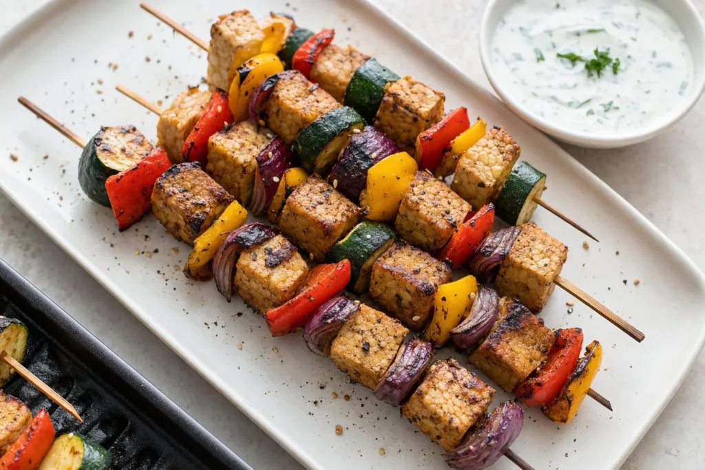 Tempeh-Grillspieße mit Paprika, Zucchini und rauchiger Marinade