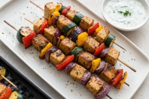 Tempeh-Grillspieße mit Paprika, Zucchini und rauchiger Marinade