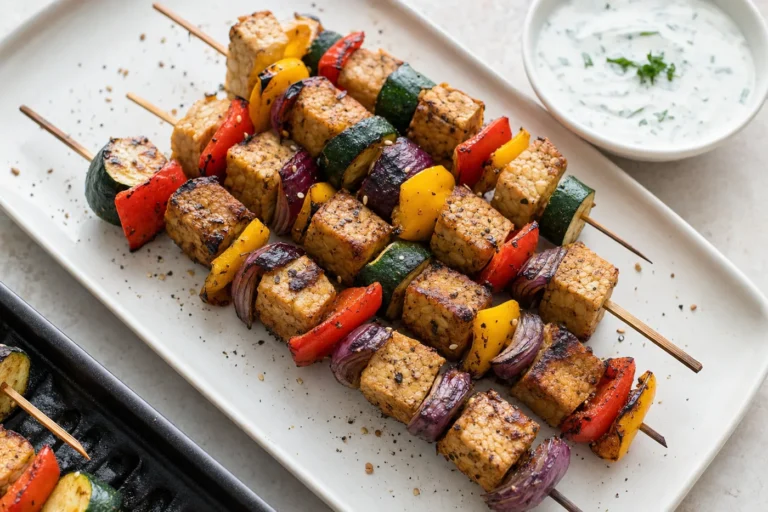 Tempeh-Grillspieße mit Paprika, Zucchini und rauchiger Marinade