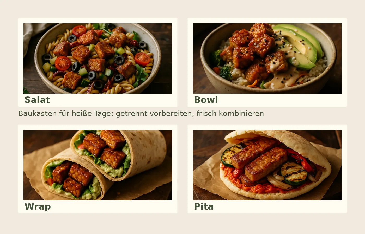Meal-Prep-Baukasten mit Tempeh-Salat, Bowl, Wrap und Pita