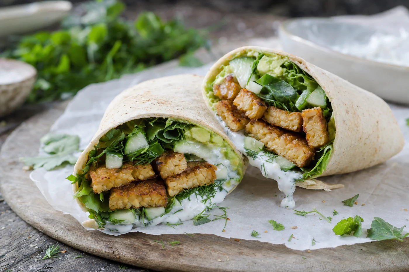 Tempeh-Wrap mit Joghurtsauce, Gurke, Kräutern und knusprigem Tempeh