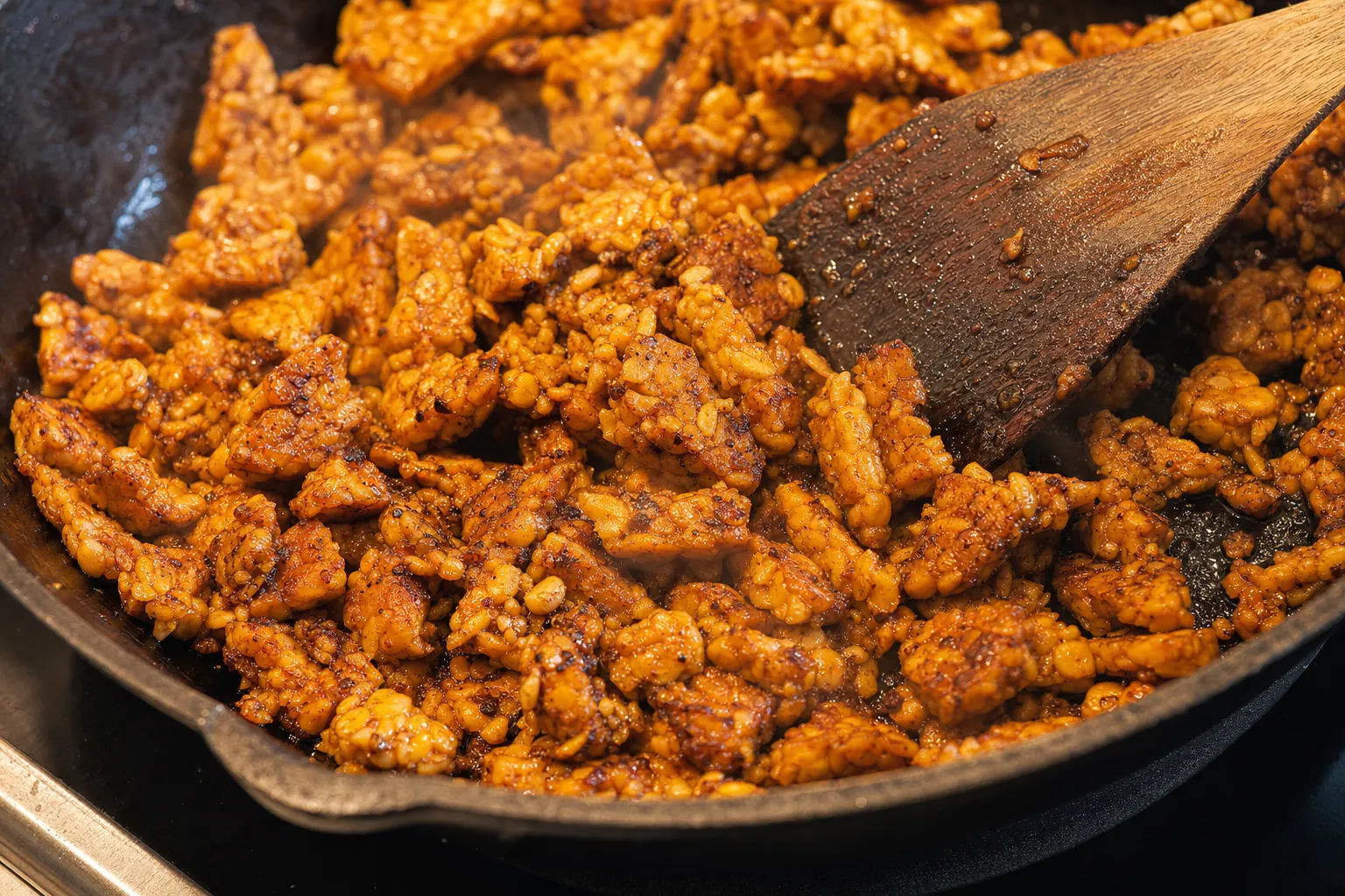 Würzige Tempeh-Crumbles mit Röstaromen in der Pfanne für vegane WM-Nachos