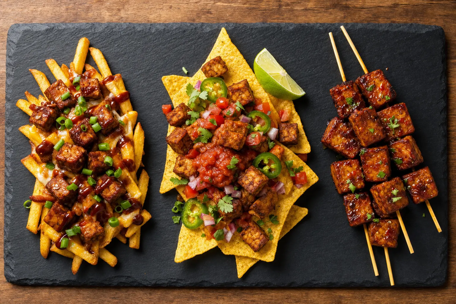 Drei vegane Tempeh-Snackrichtungen zur WM 2026: BBQ-Loaded-Fries, Nachos und Maple-BBQ-Spieße