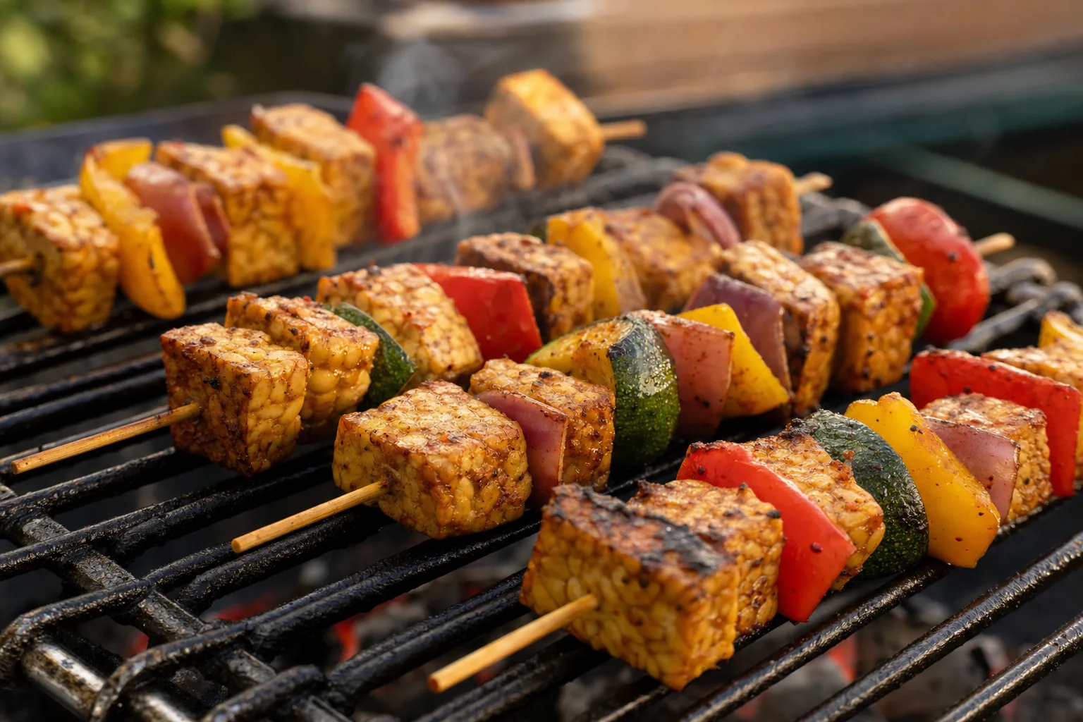 Gegrillte Tempeh-Spieße mit Paprika und Zucchini als veganes Fingerfood für Fußballabende