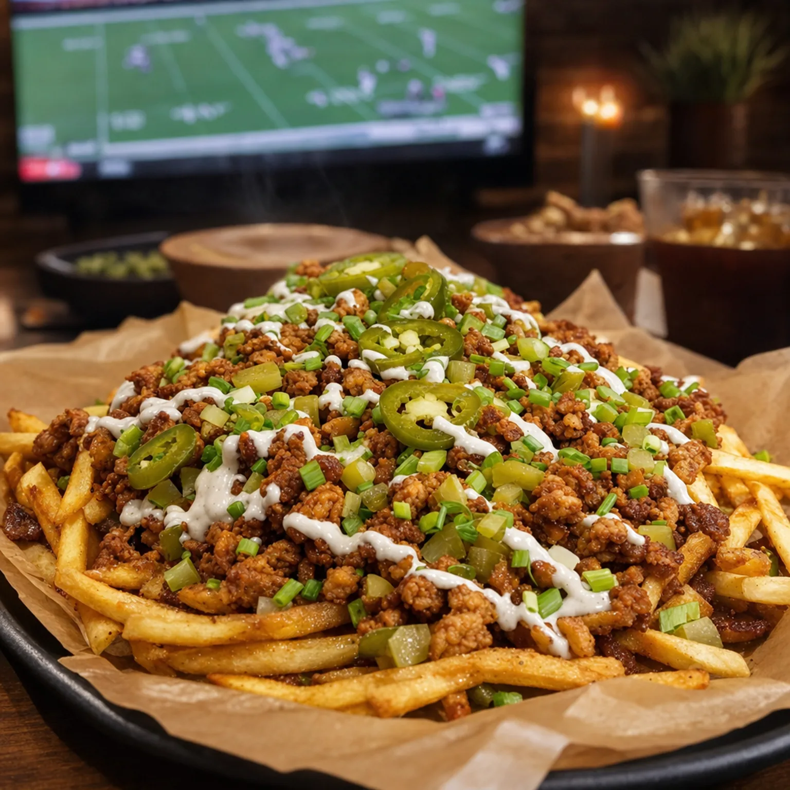 Vegane Loaded Fries mit krossen Tempeh-Crumbles, Frühlingszwiebeln und cremiger Sauce