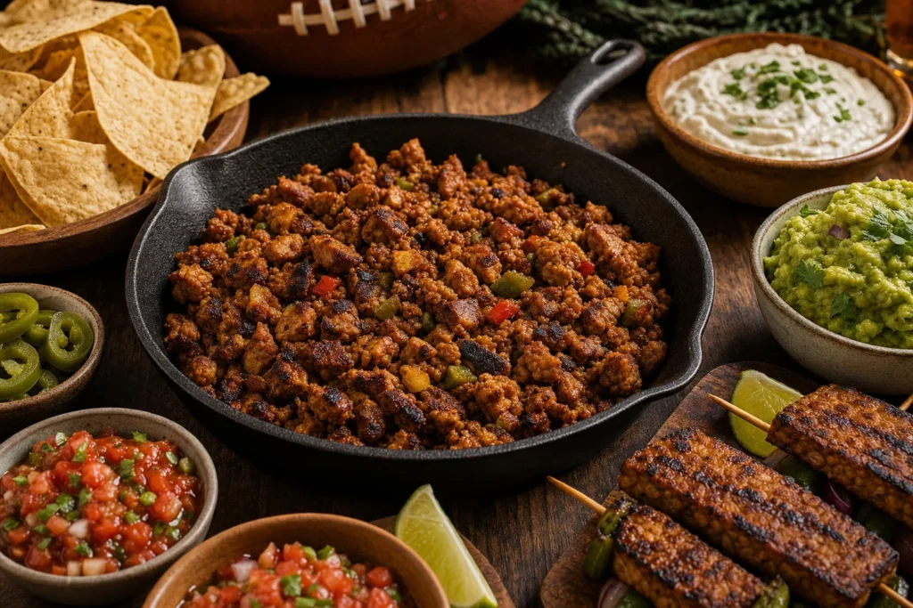 Vegane WM-Snacks mit Tempeh: Grillspieße, Crumbles, Nachos und Dips für Fußballabende