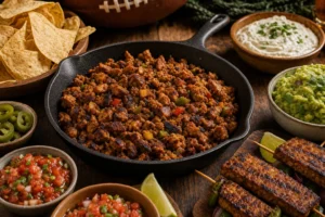 Vegane WM-Snacks mit Tempeh: Grillspieße, Crumbles, Nachos und Dips für Fußballabende
