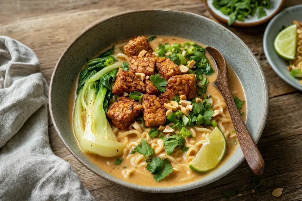 Cremige Erdnuss-Ramen mit Sriracha-Limetten-Tempeh, Pak Choi und Erdnüssen