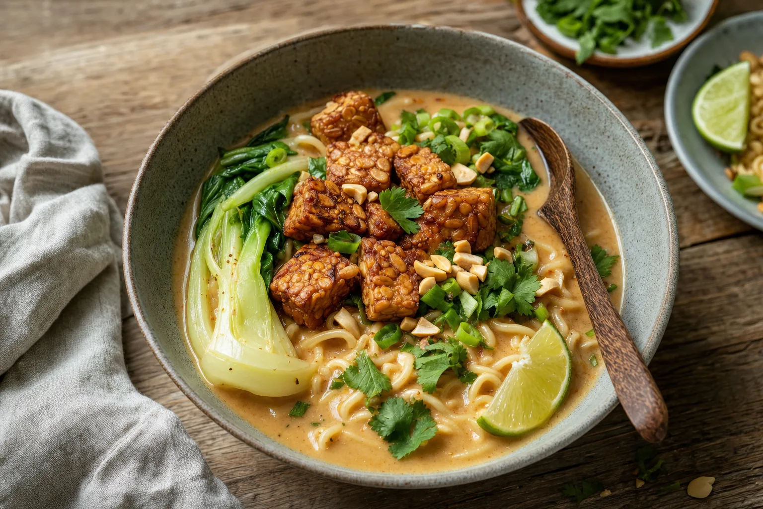 Cremige Erdnuss-Ramen mit Sriracha-Limetten-Tempeh, Pak Choi und Erdnüssen