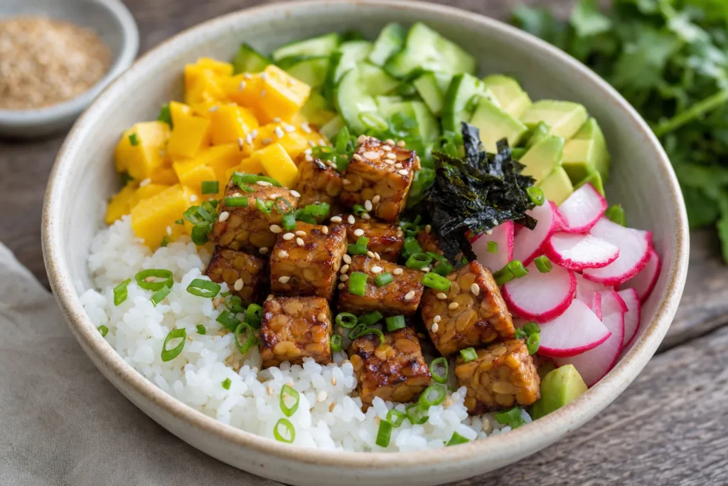 Ginger-Tempeh-Poke-Bowl mit Reis, Mango, Avocado, Gurke und Radieschen