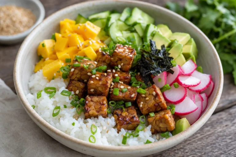 Ginger-Tempeh-Poke-Bowl mit Reis, Mango, Avocado, Gurke und Radieschen