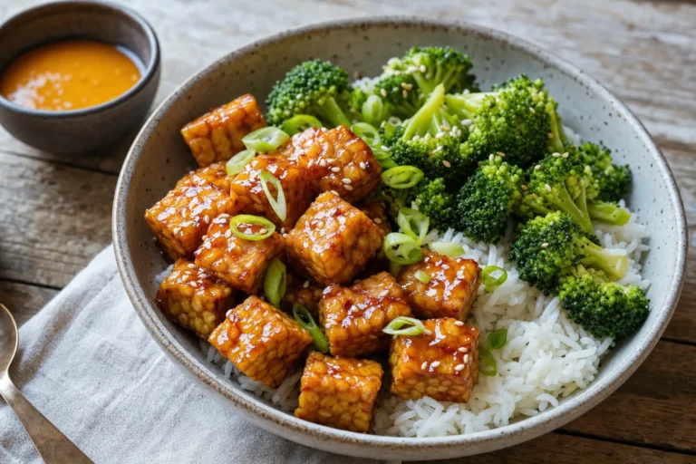 Knuspriger Orange-Tempeh mit Reis, Brokkoli, Sesam und Frühlingszwiebeln