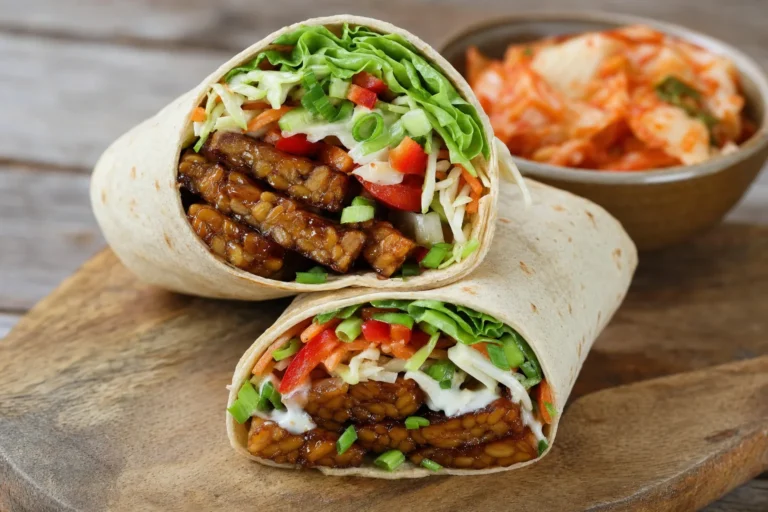 Aufgeschnittene Korean-BBQ-Tempeh-Wraps mit Sesam-Krautsalat, Paprika und Limetten-Mayo