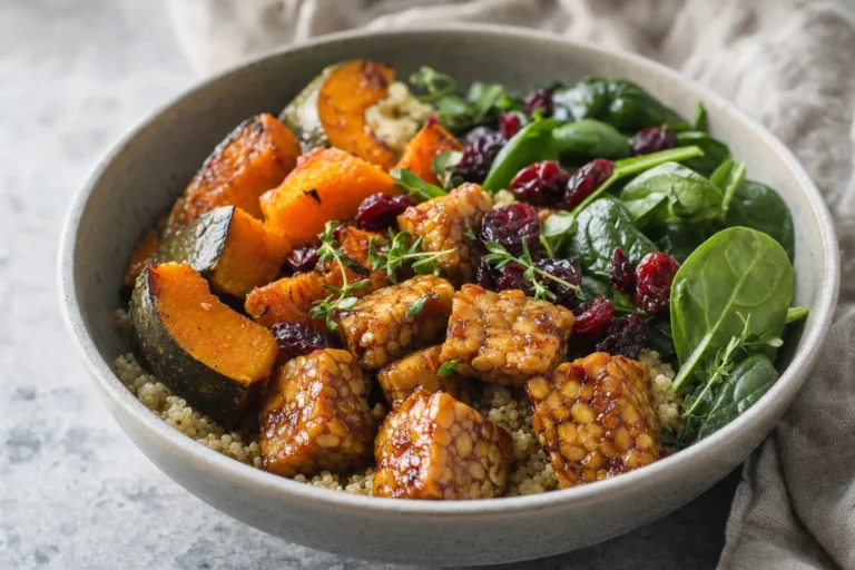 Maple-Mustard-Tempeh-Bowl mit Ofenkürbis, Couscous, Spinat und Cranberries