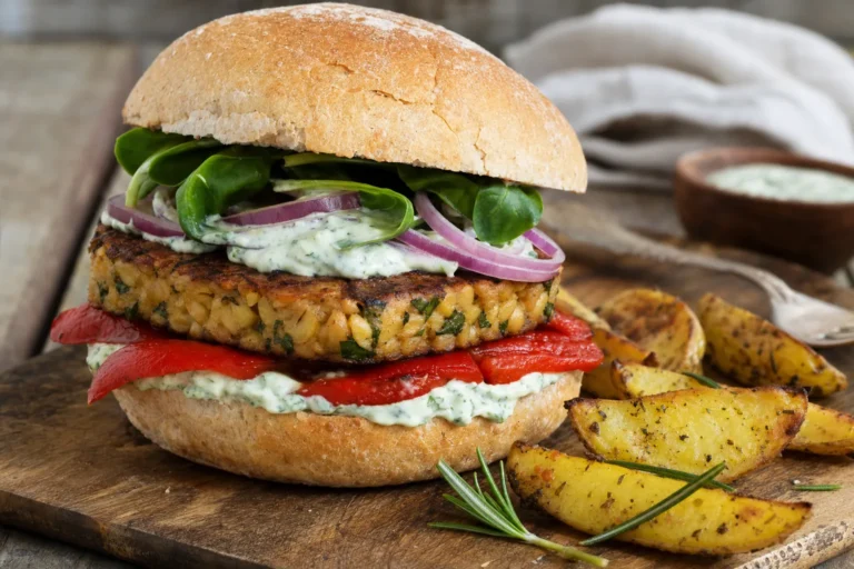 Mediterraner Tempeh-Burger mit Kräuter-Patty, gerösteter Paprika und Zitronen-Minz-Mayo