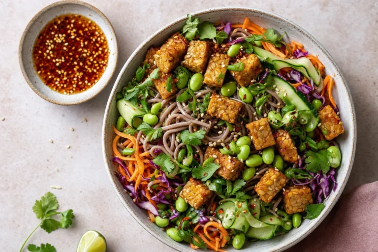 Bunter Soba-Nudelsalat mit knusprigem Tempeh, Edamame, Rotkohl und Sesam
