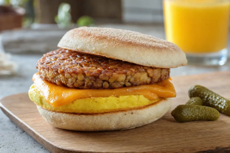 Tempeh-Frühstücks-Sandwich mit veganem Ei, Käse und rauchigem Tempeh-Patty
