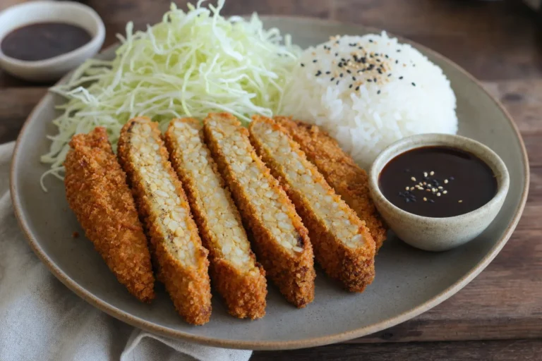 Knuspriges Tempeh-Katsu mit Reis, Spitzkohl und Tonkatsu-Sauce