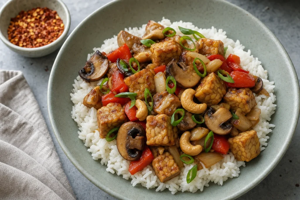 Cashew-Tempeh-Pfanne mit Paprika, Champignons, Reis und Frühlingszwiebeln