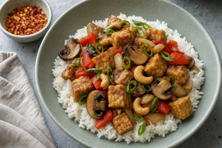 Cashew-Tempeh-Pfanne mit Paprika, Champignons, Reis und Frühlingszwiebeln