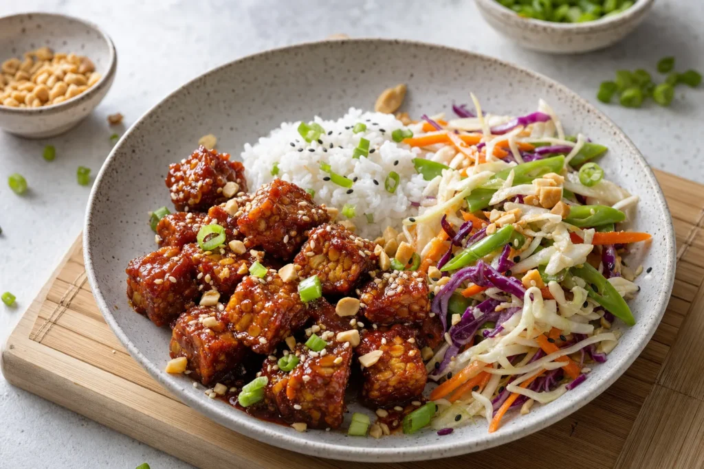 Gochujang-Tempeh mit Reis, Knack-Kraut, Sesam und Erdnüssen