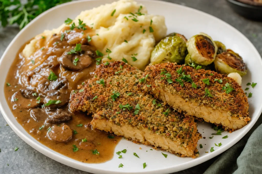 Kräuterkrusten-Tempeh mit Kartoffelpüree, Rosenkohl und brauner Pilzjus