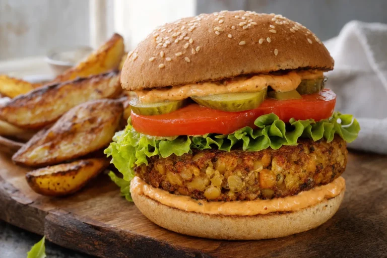 Tempeh-Kichererbsen-Burger mit Salat, Tomate, Pickles und Paprika-Aioli