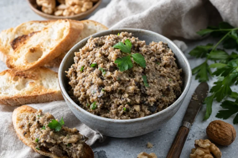 Rustikaler Tempeh-Pilz-Aufstrich mit Walnüssen, Thymian und geröstetem Brot