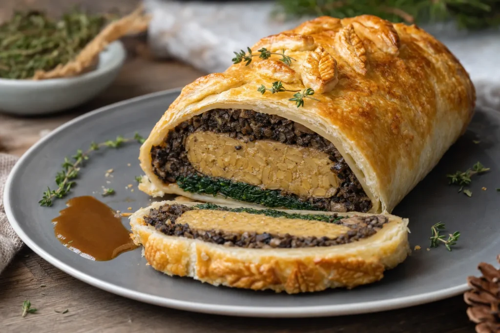 Angeschnittener Tempeh-Wellington mit Pilzfüllung, Spinat und goldener Blätterteigkruste