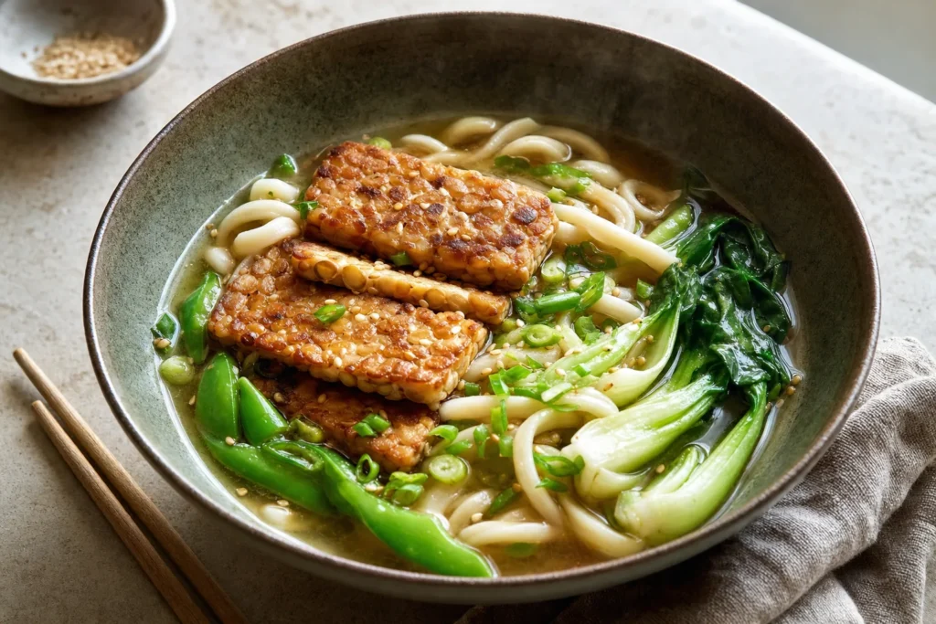 Udon-Suppe mit Pak Choi, Zuckerschoten und gebratenem Tempeh