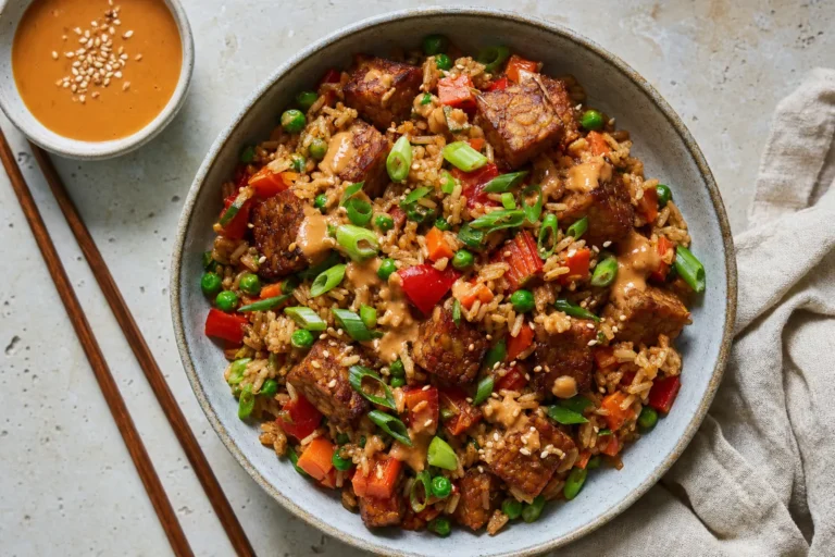 Gebratener Reis mit Tempeh, Gemüse, Frühlingszwiebeln und Chili-Erdnuss-Sauce