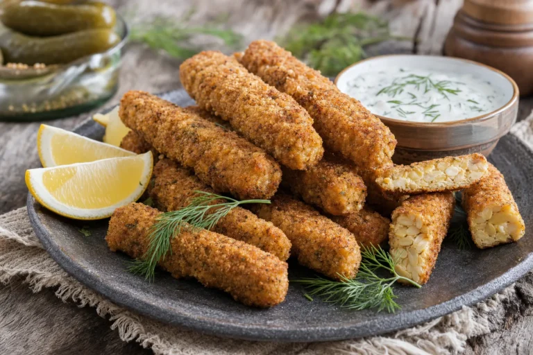 Knusprige panierte Pickle-Tempeh-Sticks mit Dill-Joghurt-Dip und Zitrone