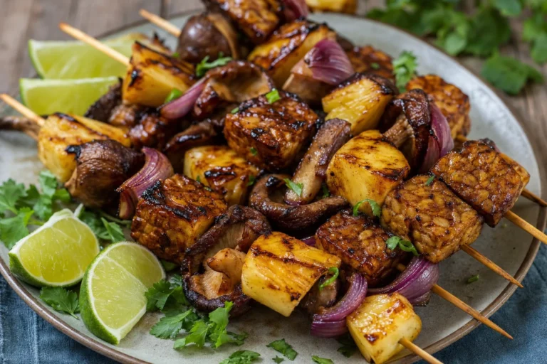 Gegrillte Tempeh-Ananas-Spieße mit Shiitake und Teriyaki-Limetten-Glasur