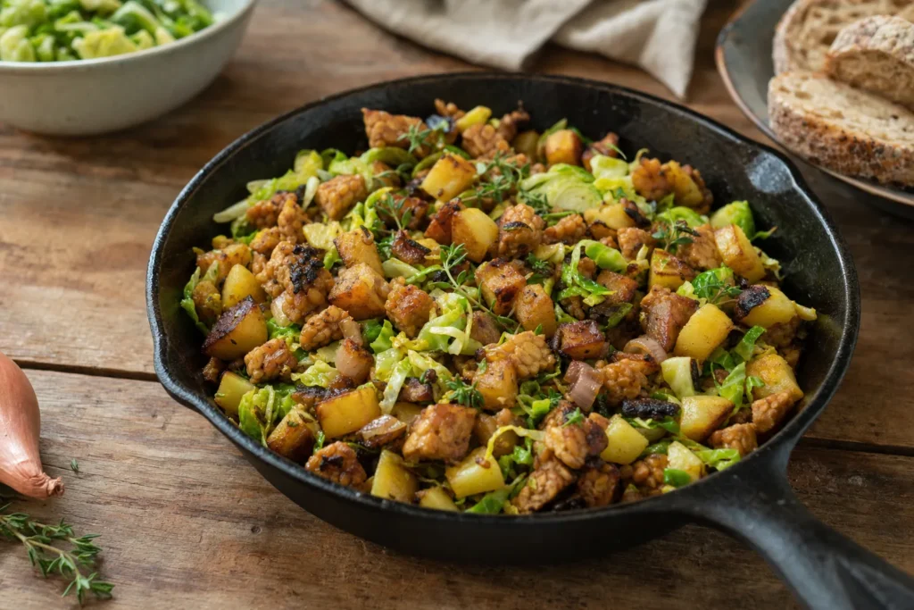Tempeh-Kartoffel-Hash mit Rosenkohl, Schalotten und Ahorn-Senf-Glasur