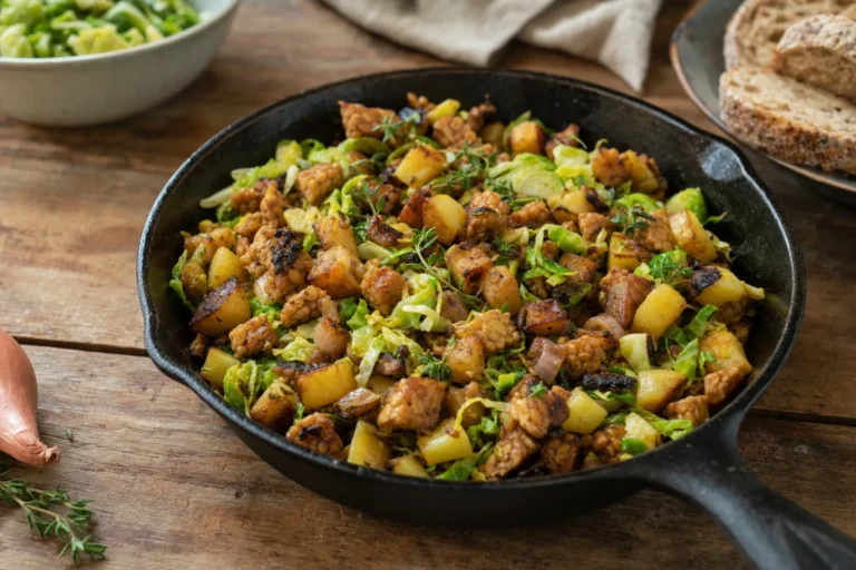 Tempeh-Kartoffel-Hash mit Rosenkohl, Schalotten und Ahorn-Senf-Glasur