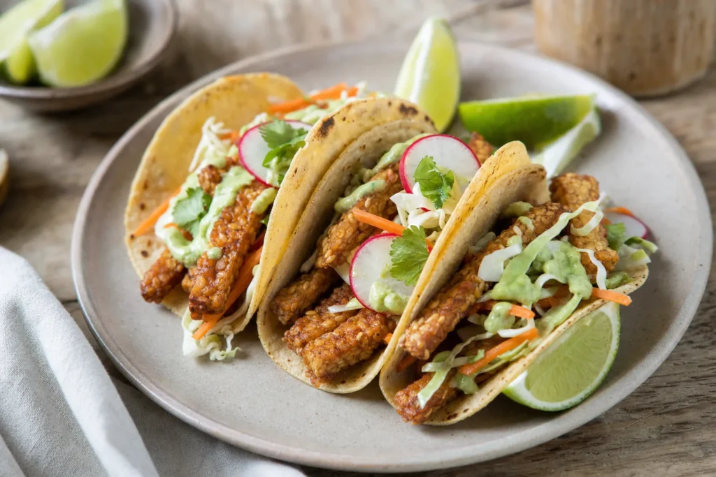 Knusprige Tempeh-Tacos mit Limetten-Krautsalat, Avocado-Crema und Radieschen