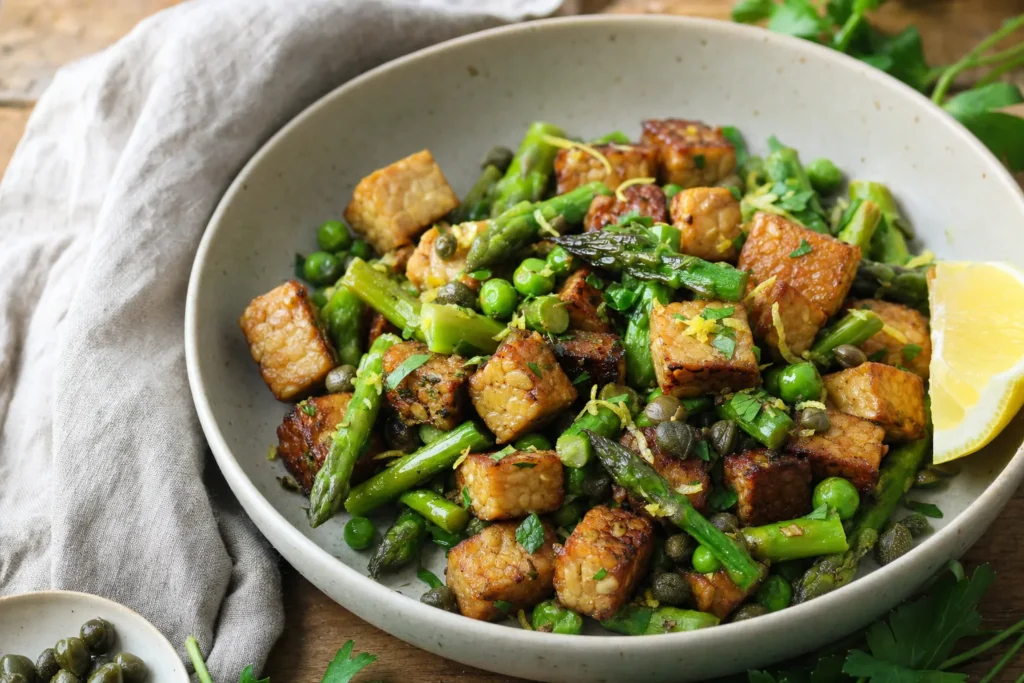 Zitronen-Kapern-Tempeh mit grünem Spargel, Erbsen und Petersilie