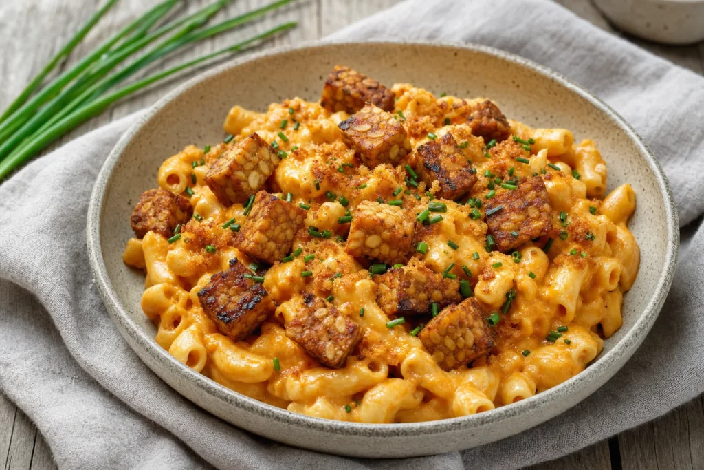 Cremige Tempeh-Maccheroni mit Paprika-Cashew-Sauce und knusprigen Tempeh-Würfeln