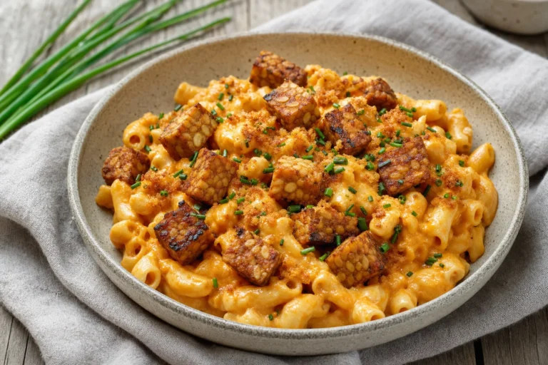 Cremige Tempeh-Maccheroni mit Paprika-Cashew-Sauce und knusprigen Tempeh-Würfeln