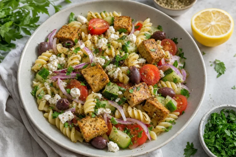 Griechischer Tempeh-Nudelsalat mit Tomaten, Gurke, Oliven, veganem Feta und Oregano-Tempeh