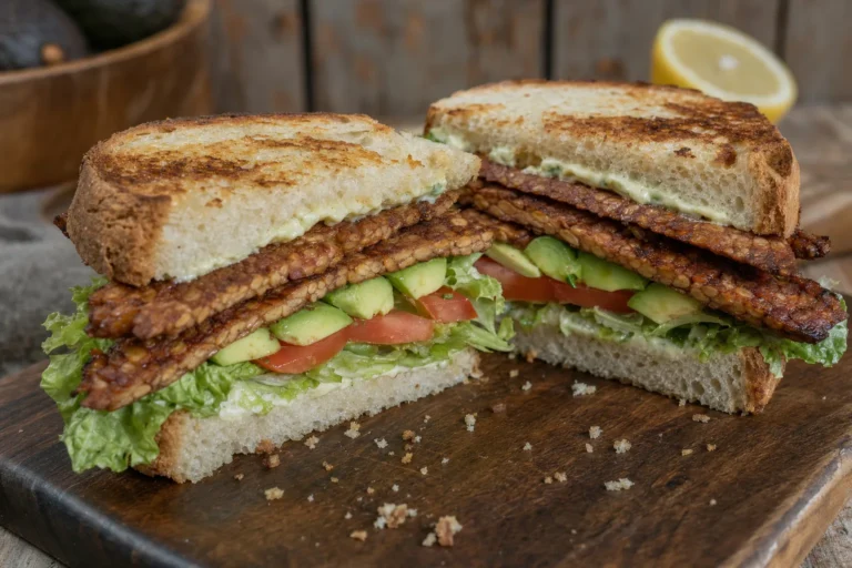 Tempeh-Bacon-Sandwich mit Avocado, Tomate, Salat und Zitronen-Mayo