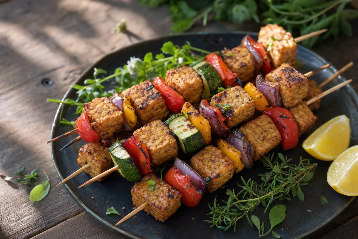 Tempeh-Grillspieße mit Paprika und Zucchini vom Grill