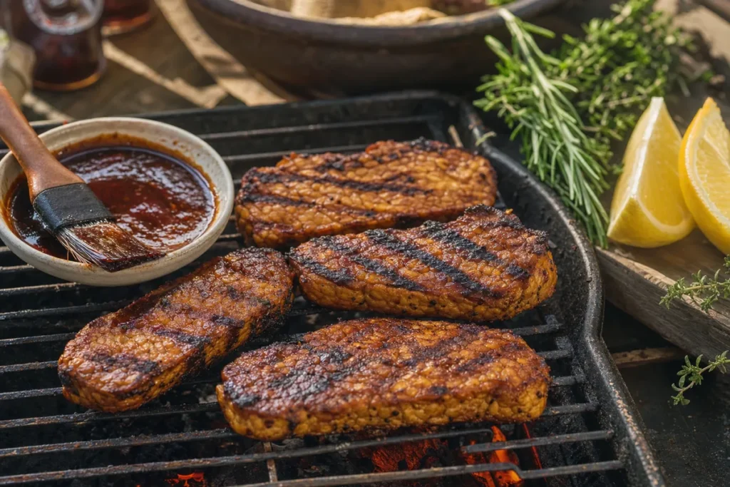 Gegrillter Tempeh mit Grillstreifen auf einem rustikalen Grillrost
